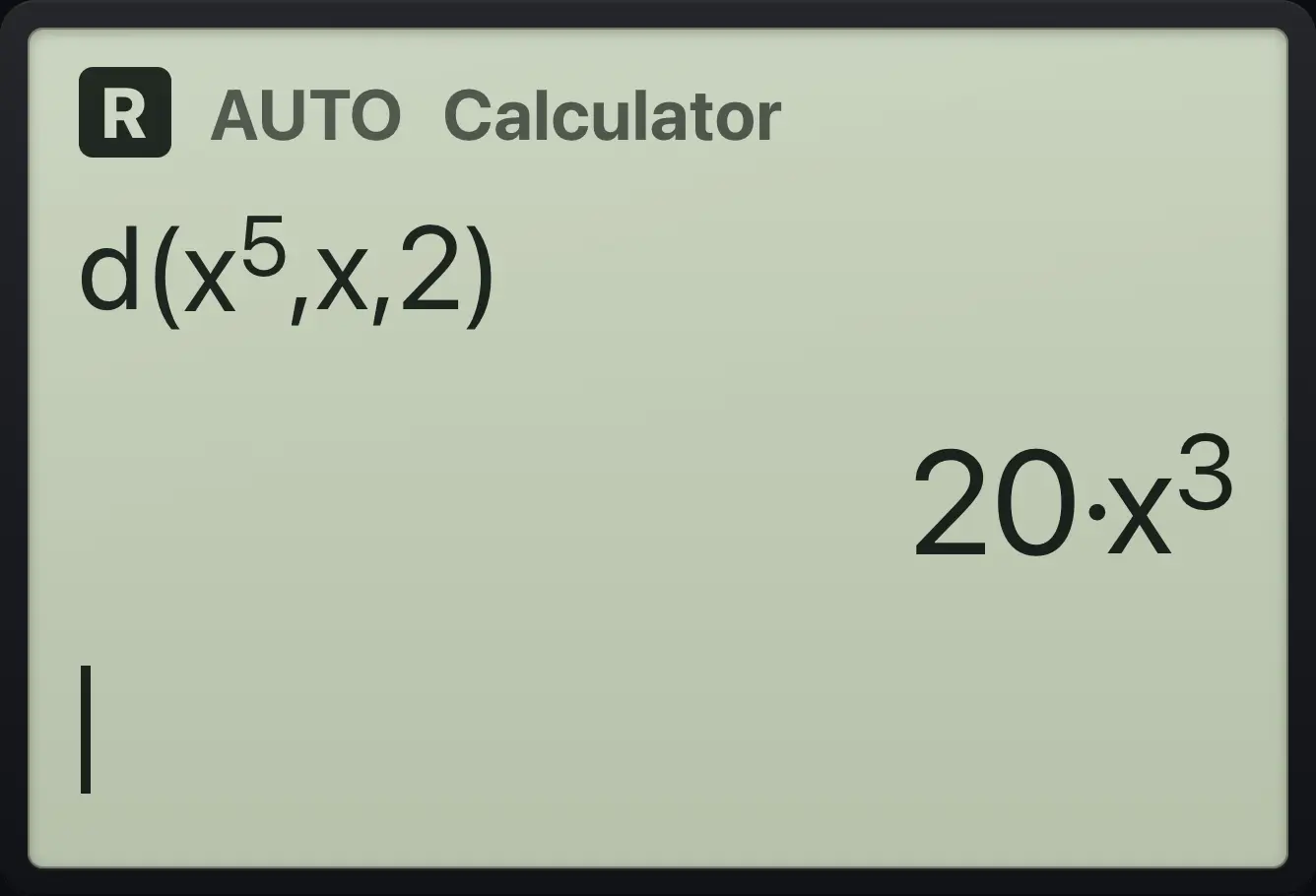 Result of the example "Second derivative by typing" The display shows: d(x^5,x,2) / 20·x^3.