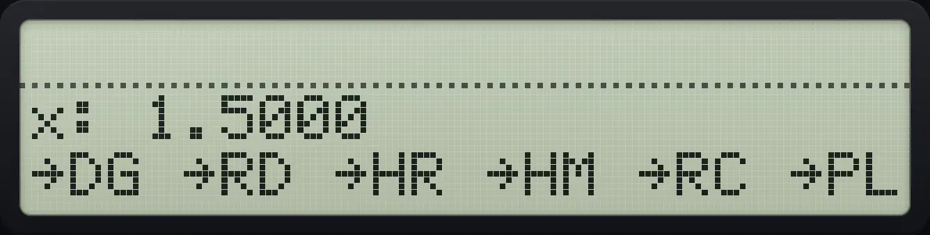 Result of the example "Hours, minutes and seconds to decimal hours" The display shows: x: 1.5000 / →DG →RD →HR →HM →RC →PL.