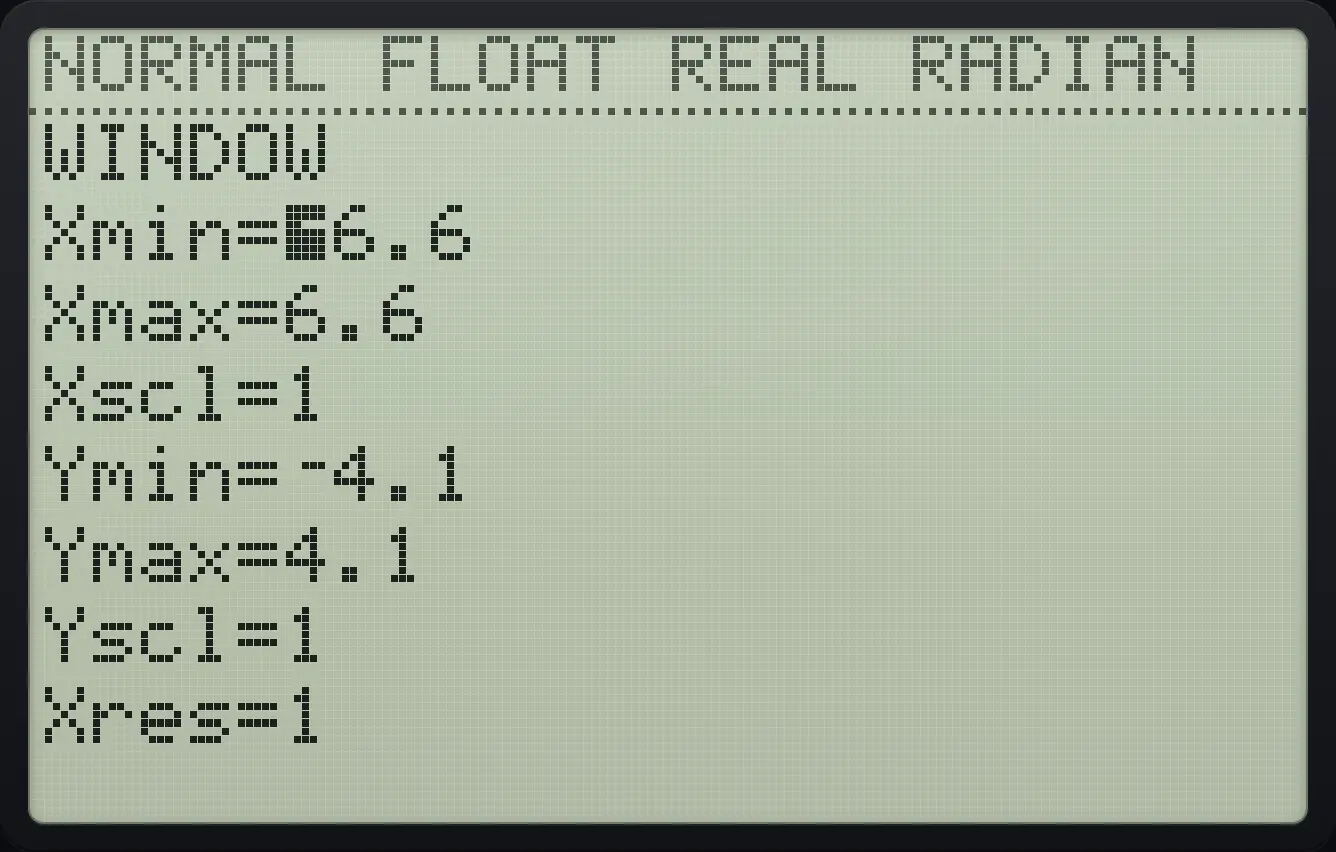 Result of the example "Save and restore a window" The display shows: WINDOW / Xmin=⁻6.6 / Xmax=6.6 / Xscl=1 / Ymin=⁻4.1 / Ymax=4.1 / Yscl=1 / Xres=1.