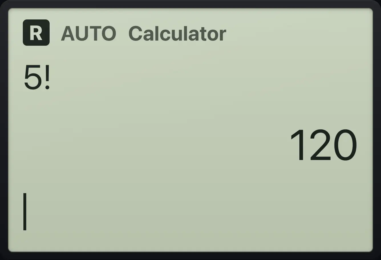 Result of the example "Factorial" The display shows: 5! / 120.
