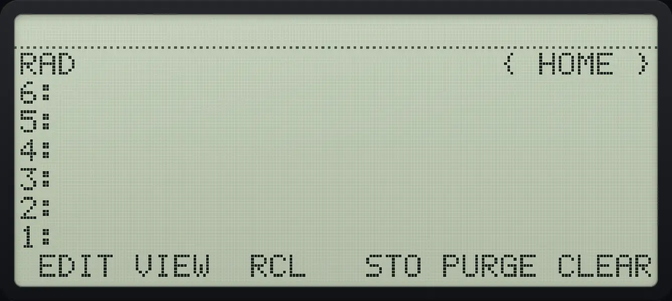 The TOOL menu. The display shows: RAD                      { HOME } / 6: / 5: / 4: / 3: / 2: / 1: /  EDIT VIEW  RCL   STO PURGE CLEAR.