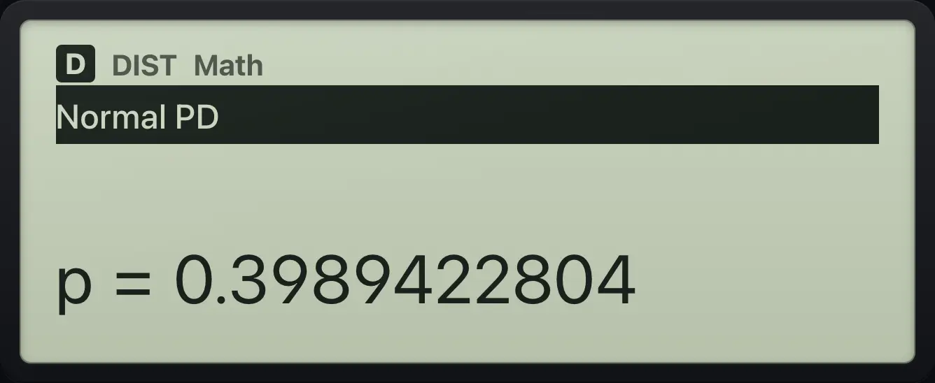 Result of the example "Normal PD at 0" The display shows: Normal PD / p=0.3989422804.
