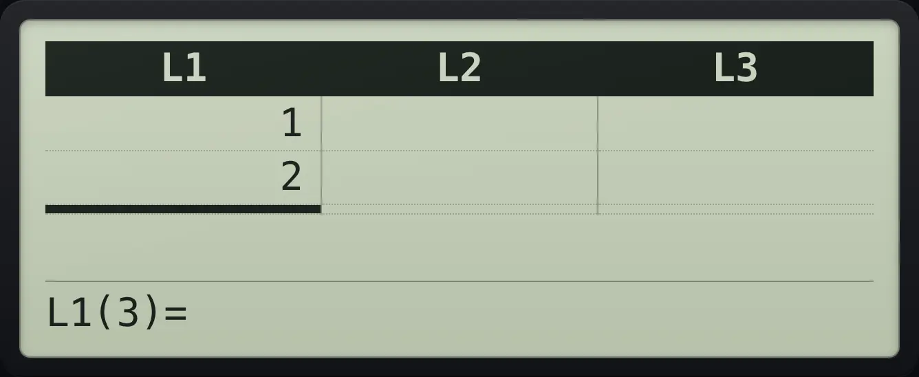 Result of the example "Remove a value" The display shows: L1 | L2 | L3 / 1 | | / 2 | | / | | / L1(3)=.
