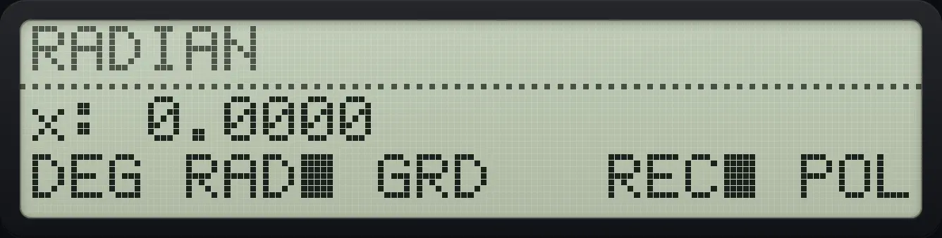 After step 1: Open MODES and choose RAD (second key). The display shows: x: 0.0000 / DEG RAD■ GRD REC■ POL.