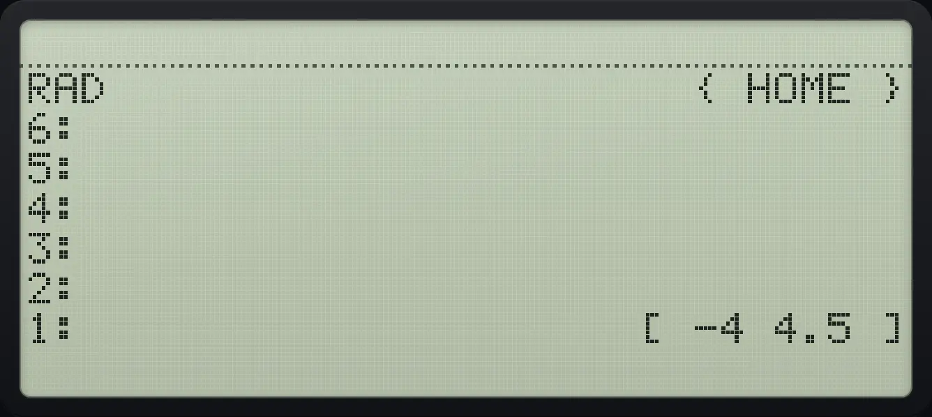 Result of the example "Solve a linear system" The display shows: RAD                      { HOME } / 6: / 5: / 4: / 3: / 2: / 1:                     [ -4 4.5 ].