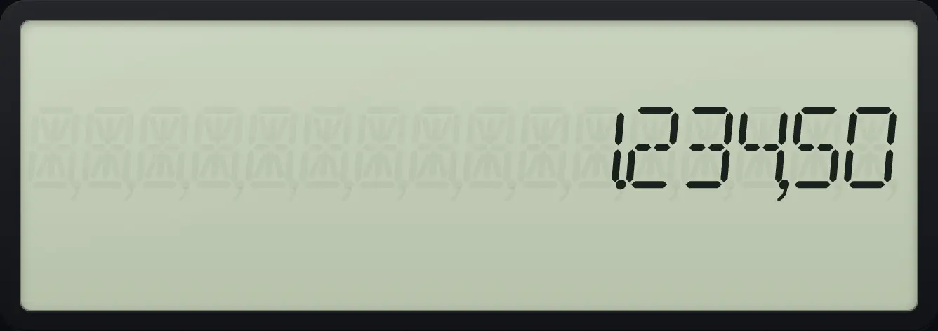 Result of the example "European separators" The display shows: 1.234,50.