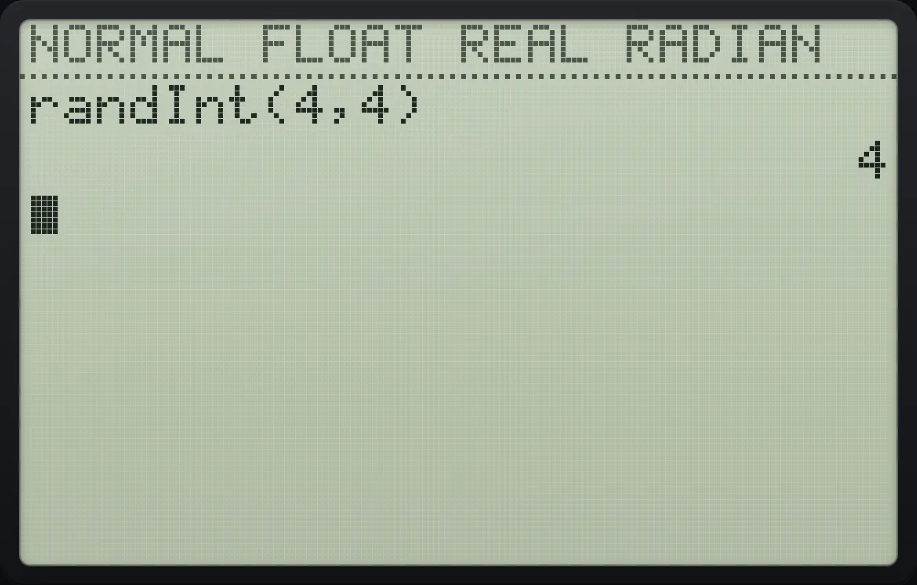 Result of the example "A random whole number" The display shows: randInt(4,4) / 4.