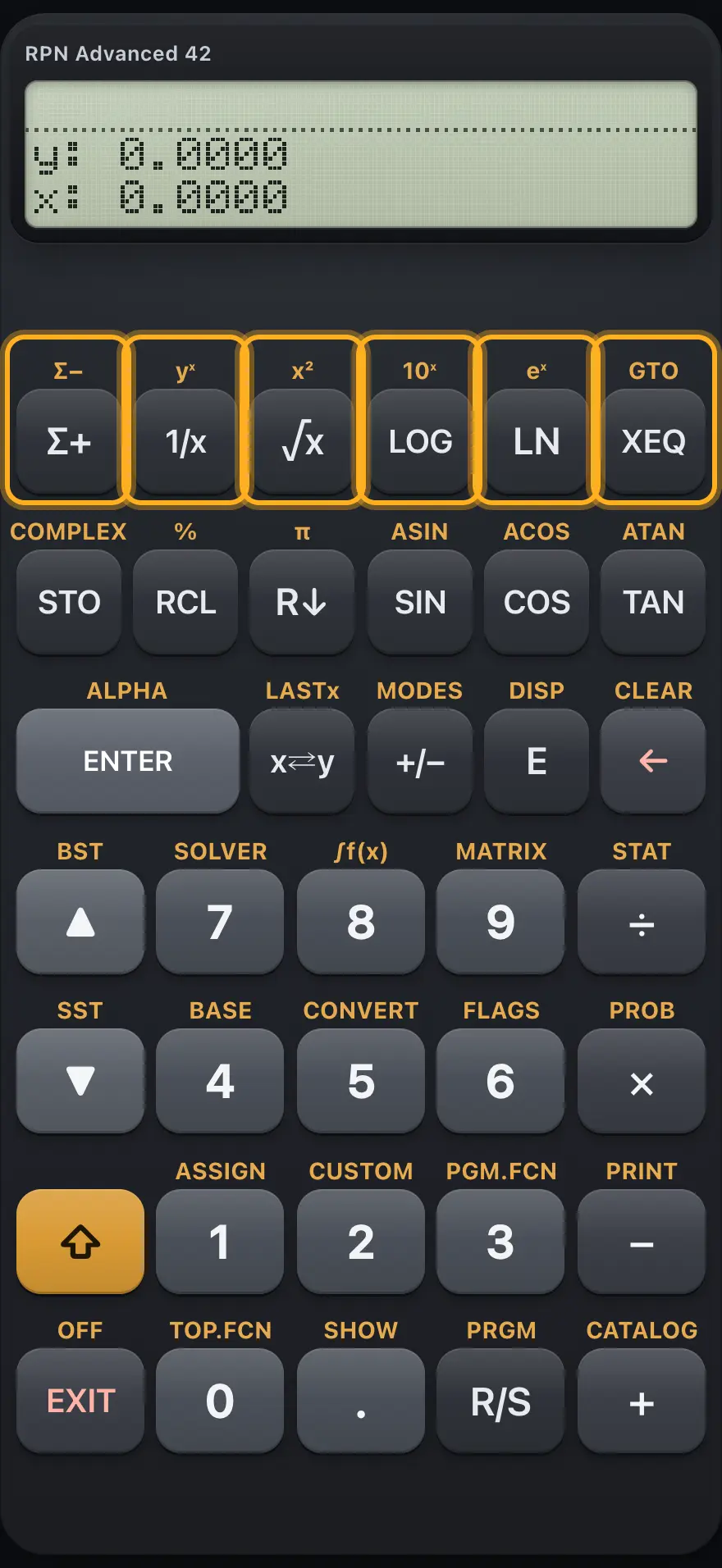The top row of keys. These six keys also act as the menu keys under the display. The display shows: y: 0.0000 / x: 0.0000.