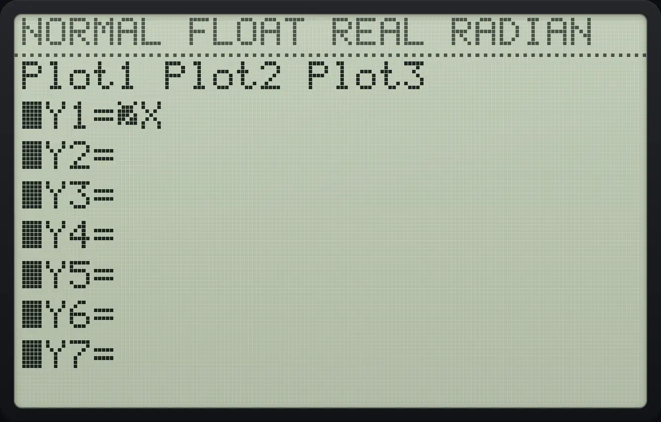 Result of the example "Store text into Y1" The display shows: Plot1 Plot2 Plot3 / ■Y1=2X / ■Y2= / ■Y3= / ■Y4= / ■Y5= / ■Y6= / ■Y7=.