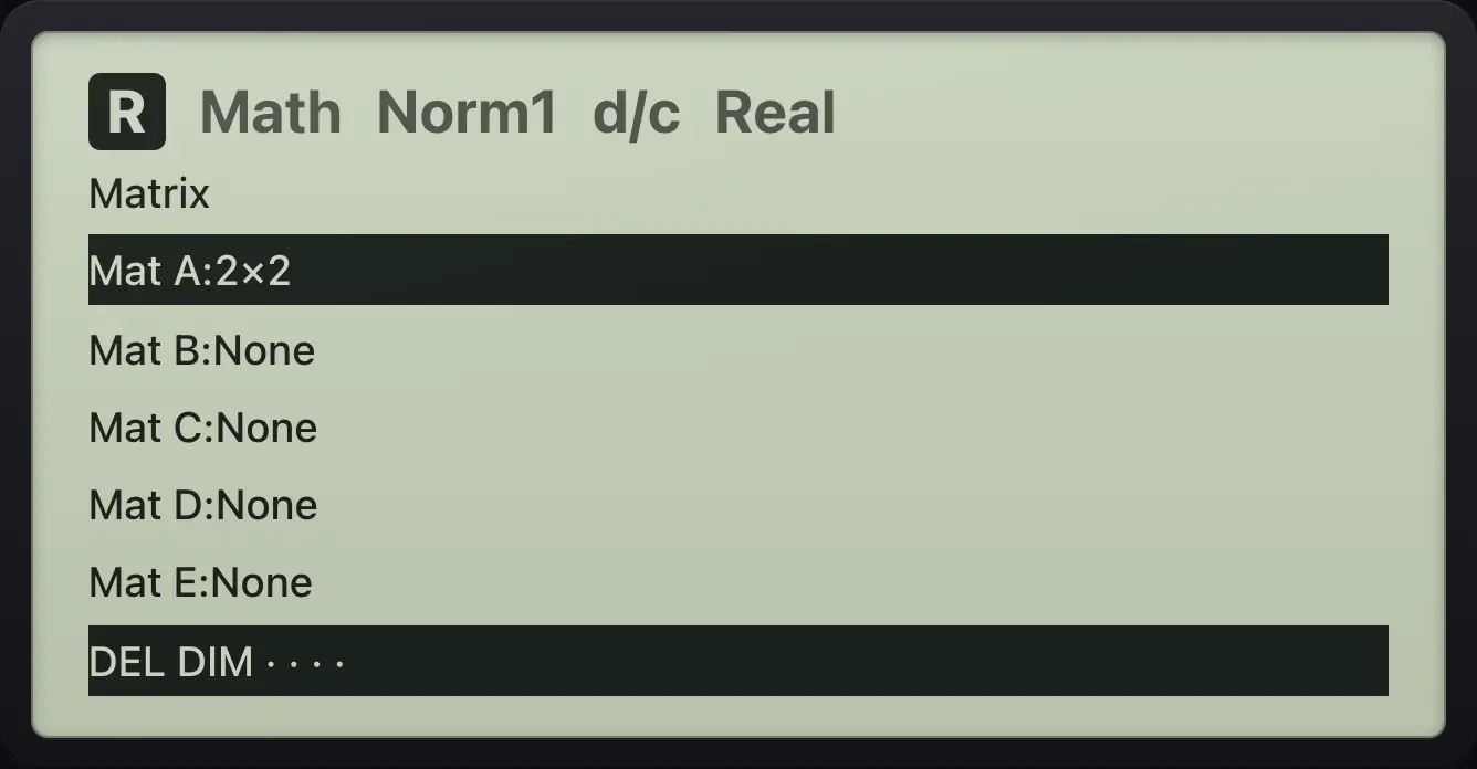 Result of the example "Matrix list shows size" The display shows: Matrix / Mat A:2×2 / Mat B:None / Mat C:None / Mat D:None / Mat E:None / DEL DIM · · · ·.