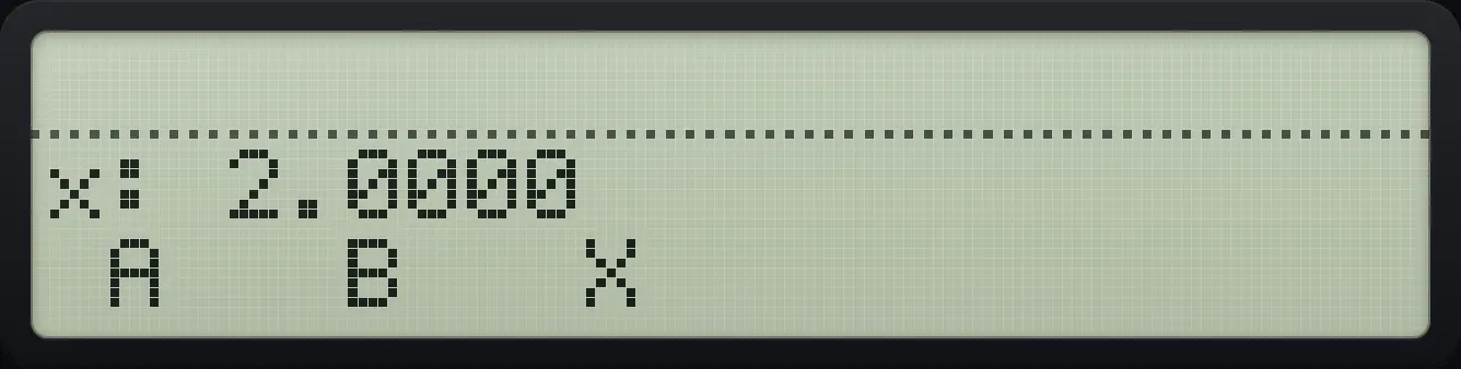 After step 1: Type 2 and press SIMQ (fifth key). Edit matrix A (first key): 1, 1, 1, −1. The display shows: x: 2.0000 / A B X .
