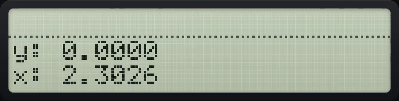 Result of the example "Natural logarithm of 10" The display shows: y: 0.0000 / x: 2.3026.
