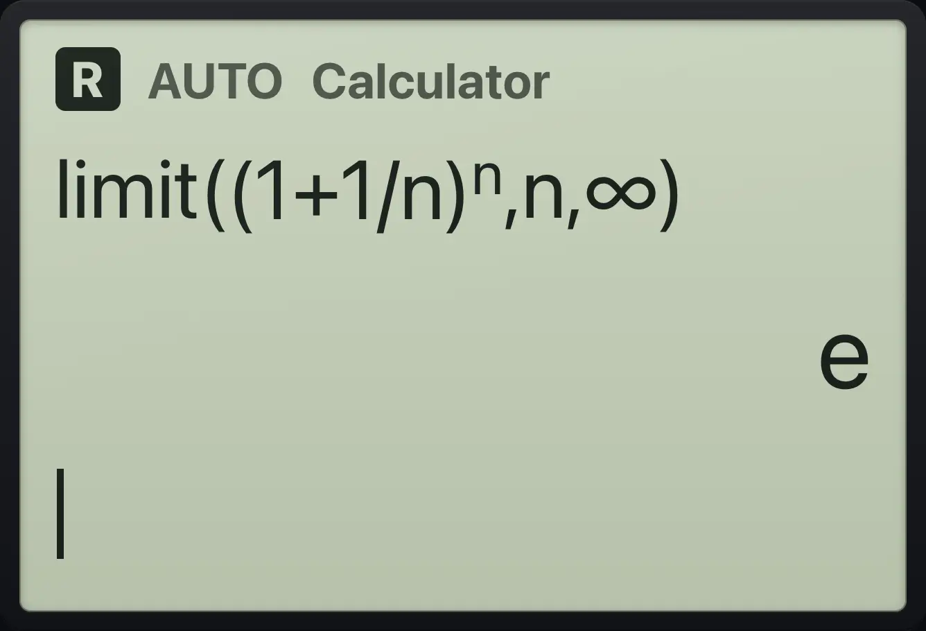 Result of the example "A limit at infinity" The display shows: limit((1+1/n)^n,n,∞) / e.