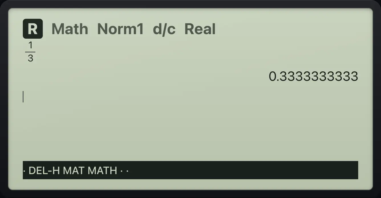 Result of the example "Fraction to decimal" The display shows: 1/3 / 0.3333333333 / · DEL-H MAT MATH · ·.