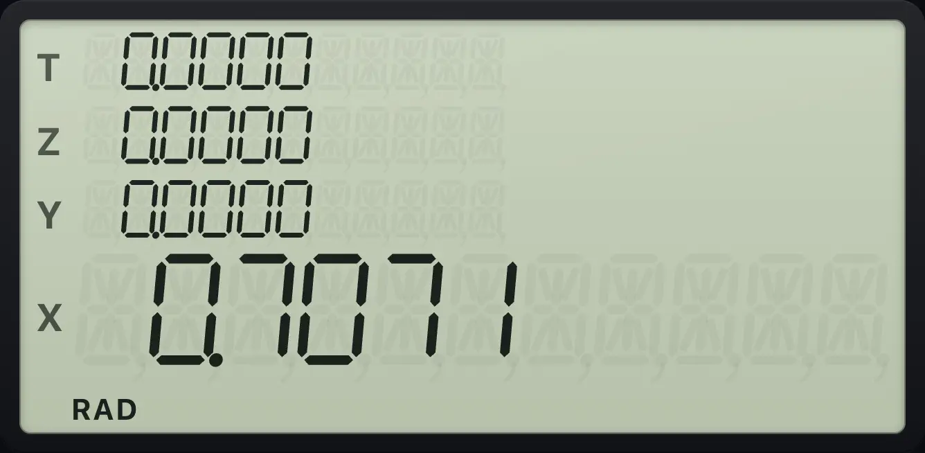 Result of the example "Sine of π/4 in radians" The display shows: 0.0000 / 0.0000 / 0.0000 / 0.7071.