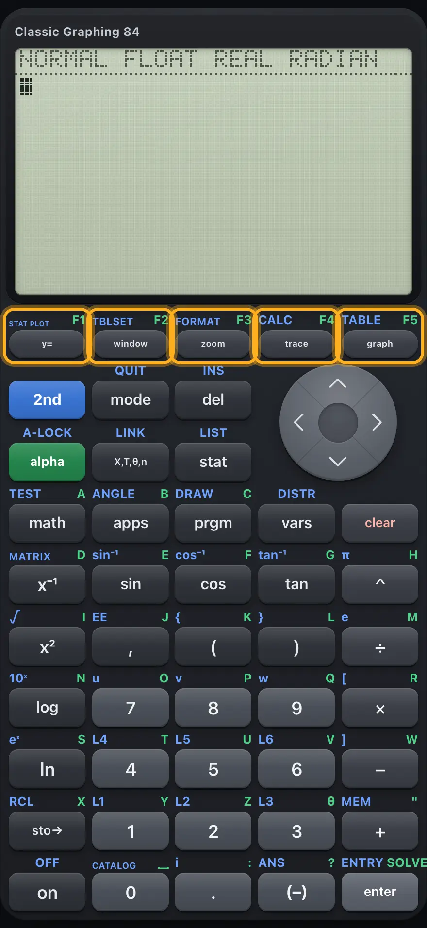 The graphing keys are highlighted.