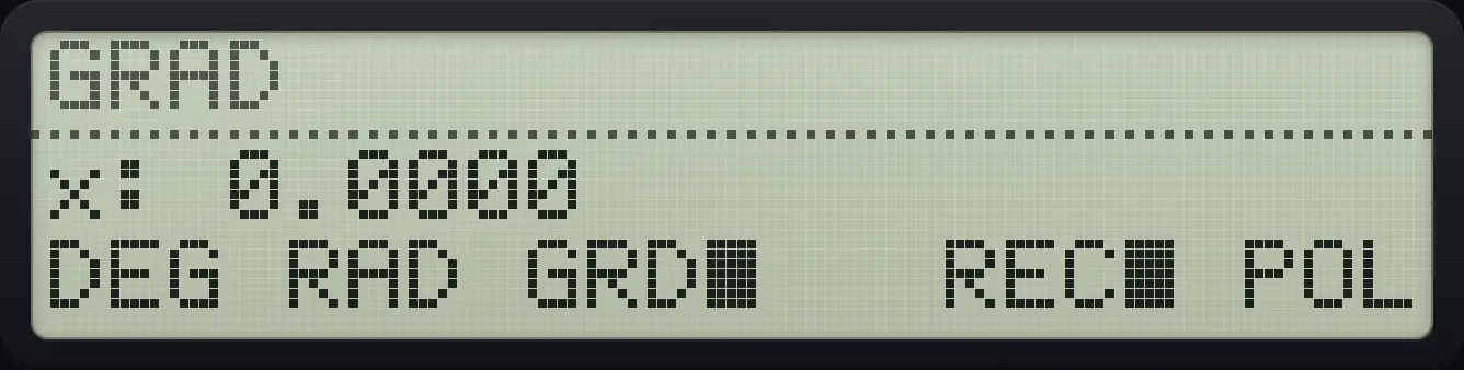 After step 1: Open MODES and press GRD. The display shows: x: 0.0000 / DEG RAD GRD■   REC■ POL.