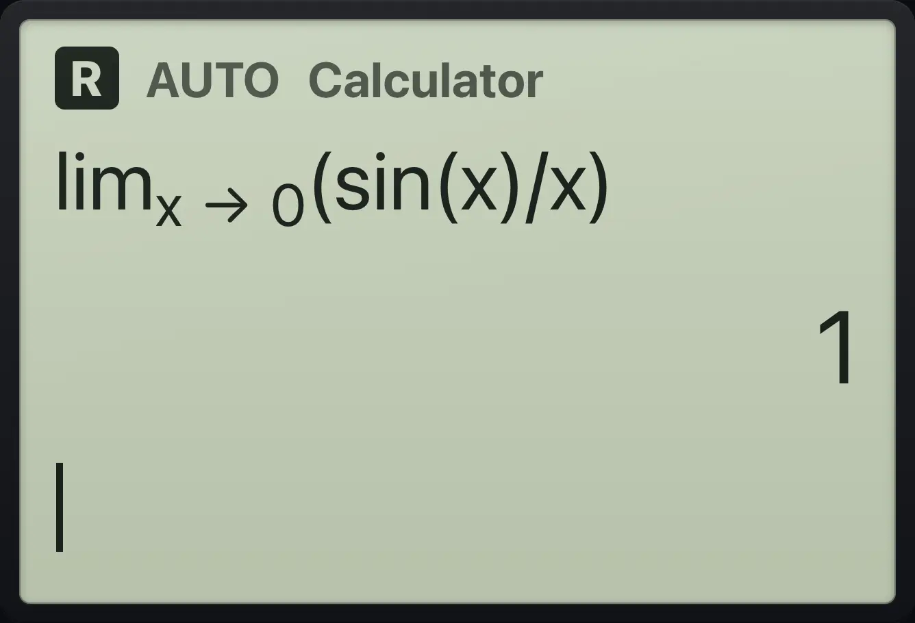 Result of the example "A classic limit" The display shows: lim(sin(x)/x,x,0) / 1.