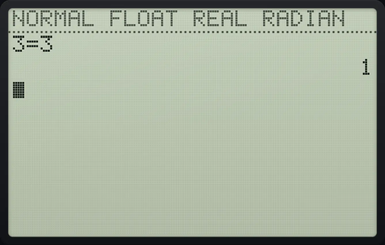 Result of the example "Is 3 equal to 3?" The display shows: 3=3 / 1.