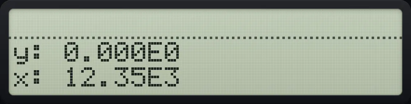 Result of the example "Engineering notation" The display shows: y: 0.000E0 / x: 12.35E3.