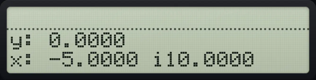 Result of the example "Multiply (1+2i) by (3+4i)" The display shows: y: 0.0000 / x: -5.0000 i10.0000.