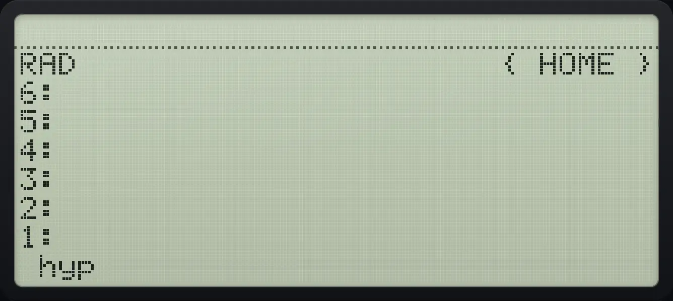 After step 1: Type « → a b « a SQ b SQ + √ » » and store it as hyp. The display shows: RAD { HOME } / 6: / 5: / 4: / 3: / 2: / 1: / hyp .