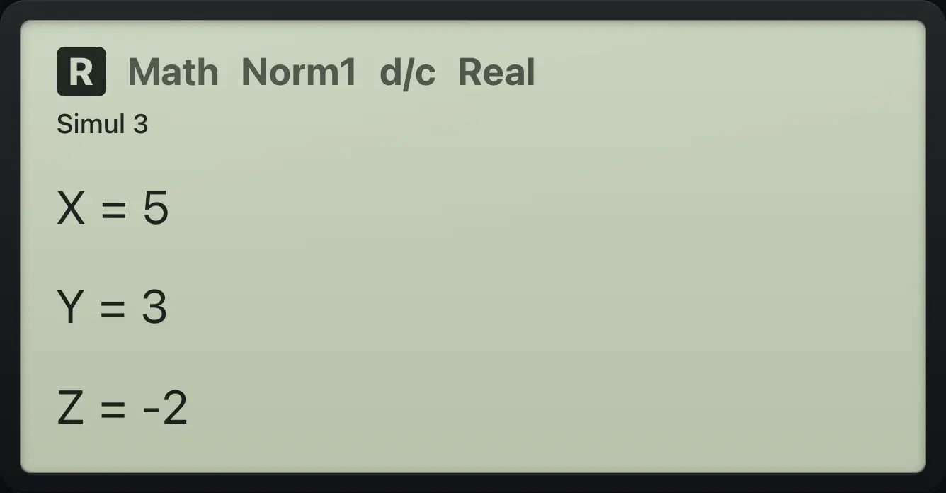 Result of the example "Three unknowns" The display shows: Simul 3 / X=5 / Y=3 / Z=-2.