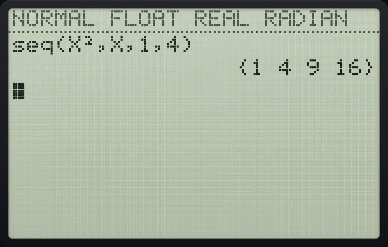 Result of the example "Squares with seq(" The display shows: seq(X²,X,1,4) / {1 4 9 16}.