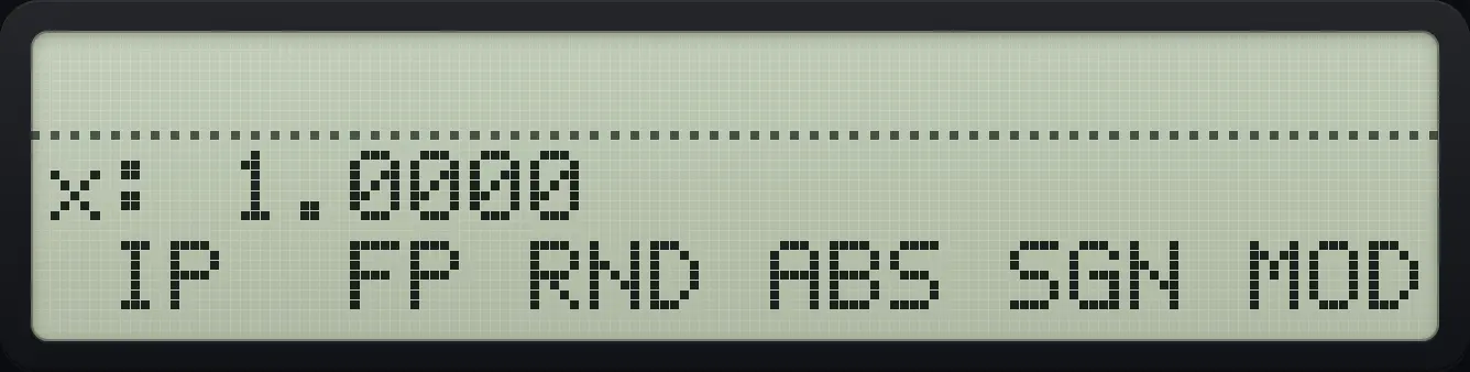 Result of the example "Remainder: 7 mod 3" The display shows: x: 1.0000 / IP FP RND ABS SGN MOD.
