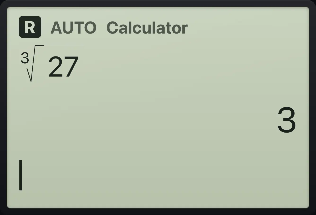Result of the example "Cube root" The display shows: 3√(27) / 3.
