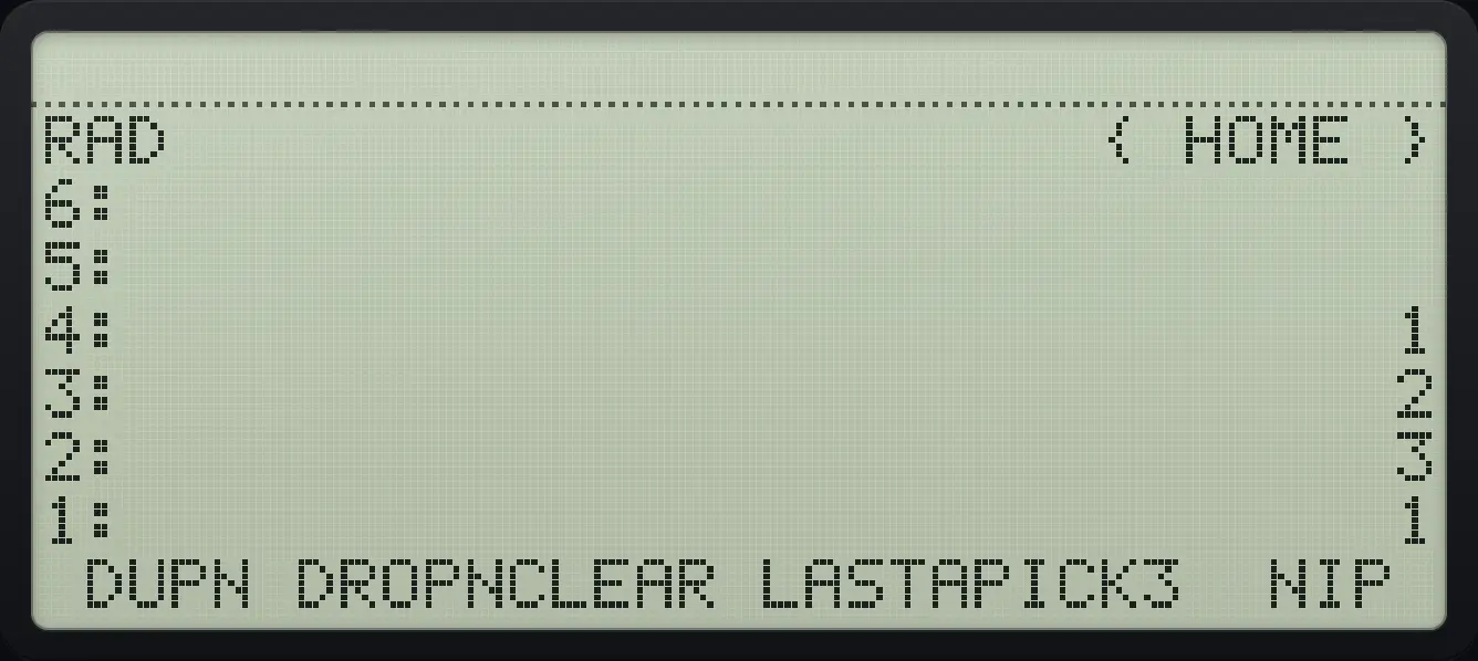 Result of the example "Copy level 3 with PICK3" The display shows: RAD { HOME } / 6: / 5: / 4: 1 / 3: 2 / 2: 3 / 1: 1 / DUPN DROPNCLEAR LASTAPICK3 NIP .