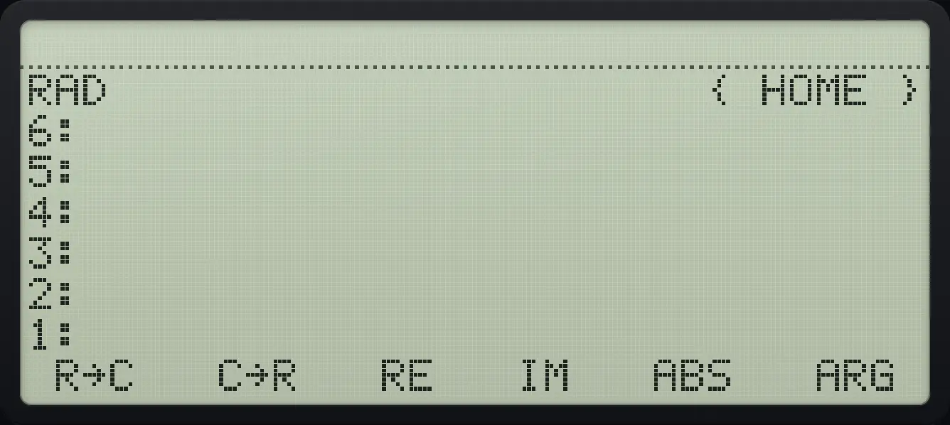 CPLX page 1: R→C, C→R, RE, IM, ABS, ARG. The display shows: RAD { HOME } / 6: / 5: / 4: / 3: / 2: / 1: / R→C C→R RE IM ABS ARG .