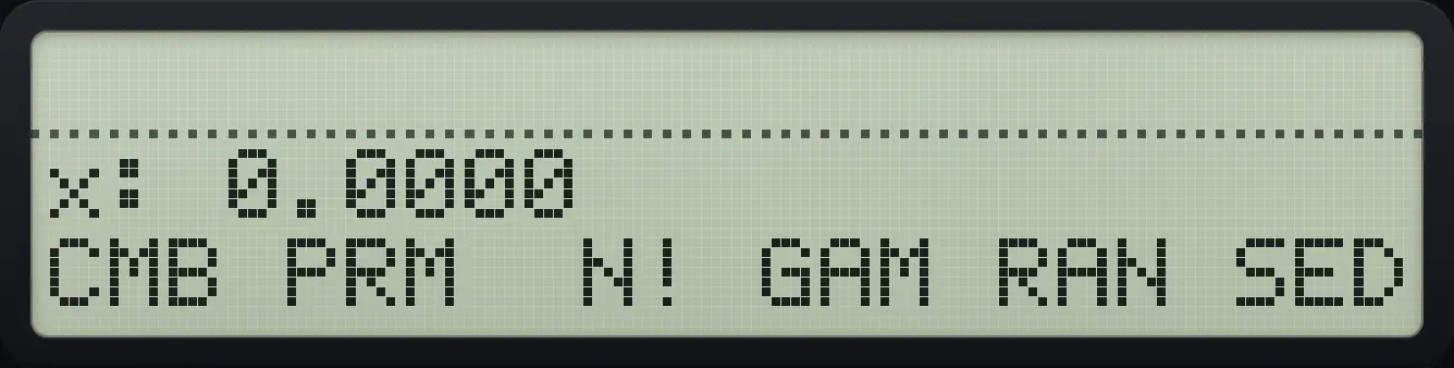 The PROB menu. The display shows: x: 0.0000 / CMB PRM N! GAM RAN SED.