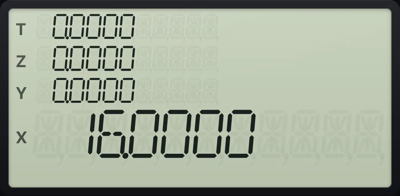 Result of the example "Step a program" The display shows:  0.0000 /  0.0000 /  0.0000 /  16.0000.