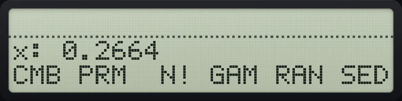 Result of the example "A random number" The display shows: x: 0.2664 / CMB PRM N! GAM RAN SED.