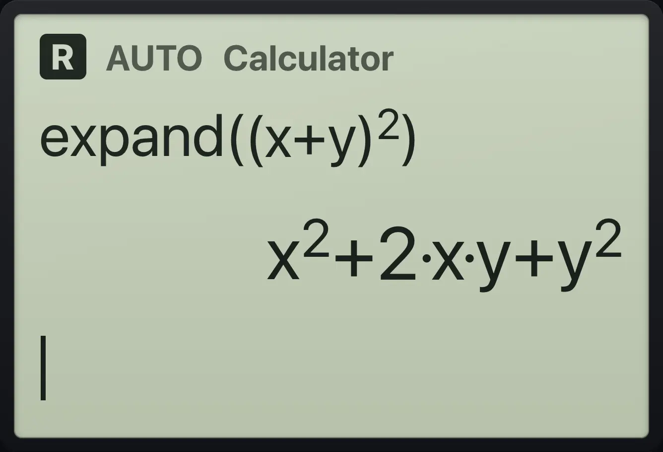 Result of the example "Expand with two letters" The display shows: expand((x+y)^2) / x^2+2·x·y+y^2.