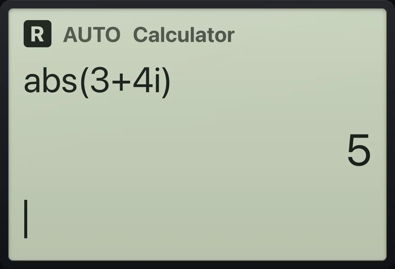 Result of the example "Absolute value" The display shows: abs(3+4i) / 5.