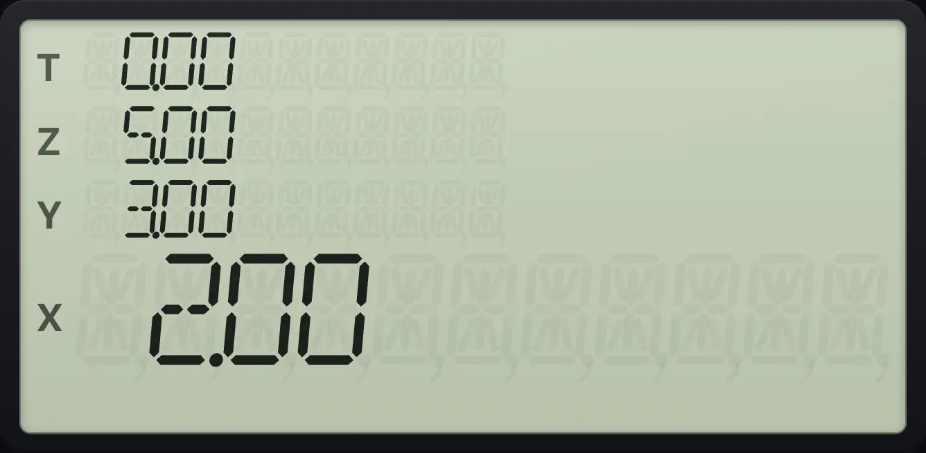 Result of the example "Subtract from a register: STO −" The display shows: 0.00 / 5.00 / 3.00 / 2.00.