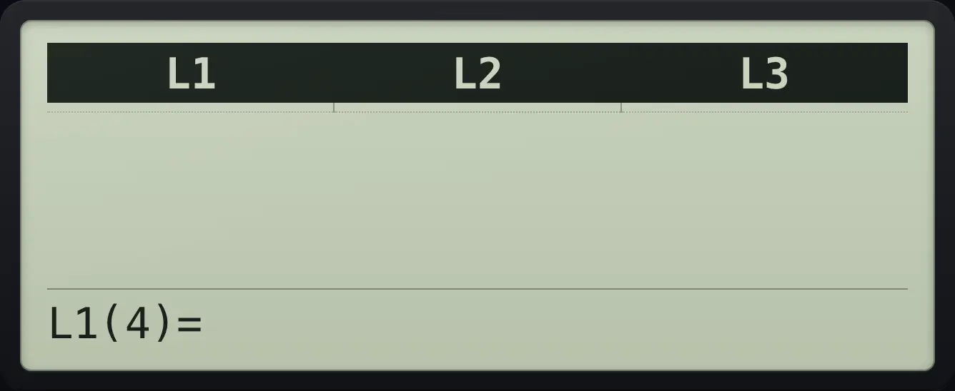 Result of the example "Clear a list" The display shows: L1 | L2 | L3 / | | / L1(4)=.