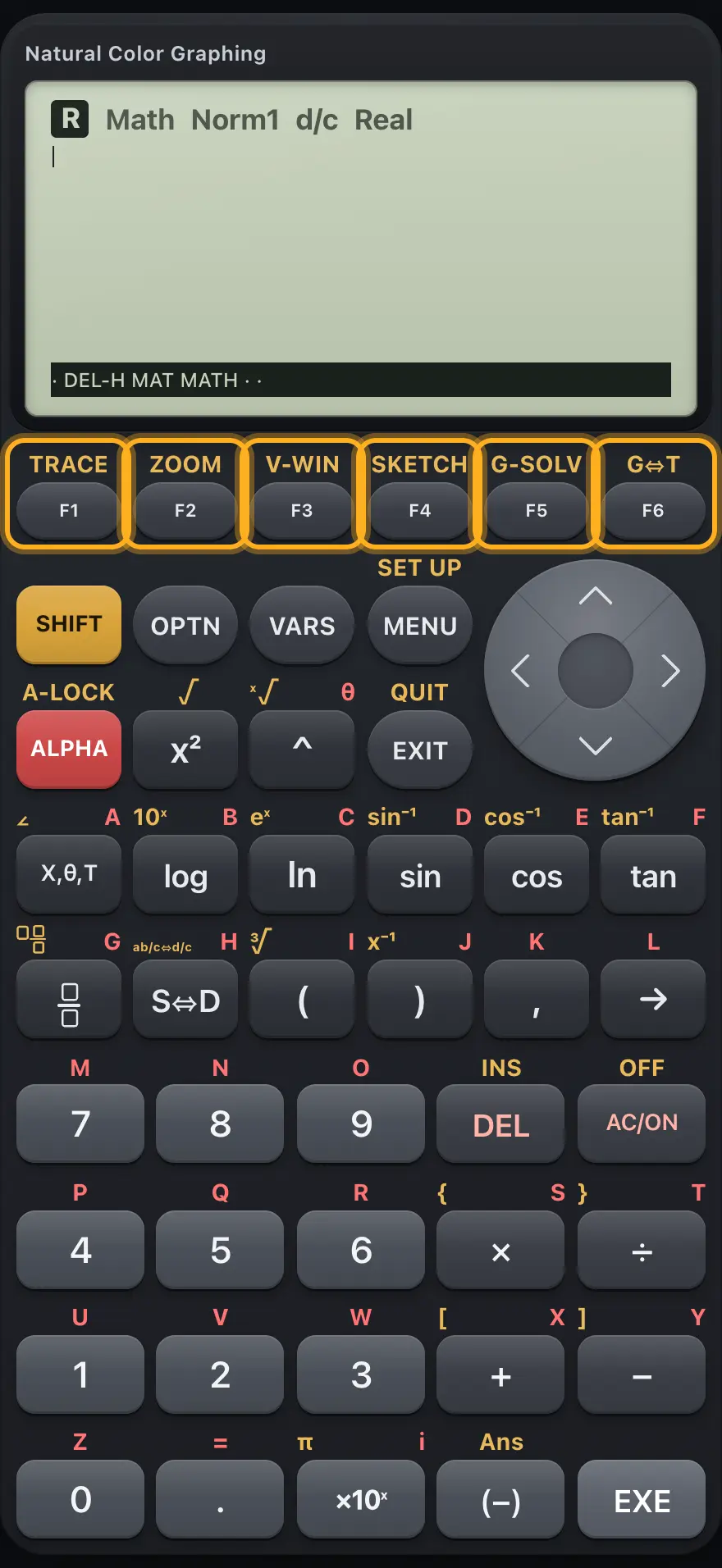The F keys The display shows: · DEL-H MAT MATH · ·.
