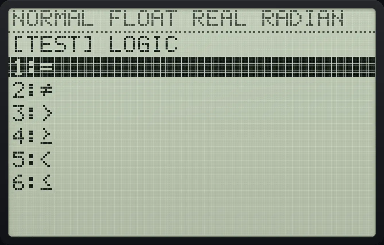 The TEST menu. The display shows: [TEST] LOGIC / 1:= / 2:≠ / 3:> / 4:≥ / 5:< / 6:≤.