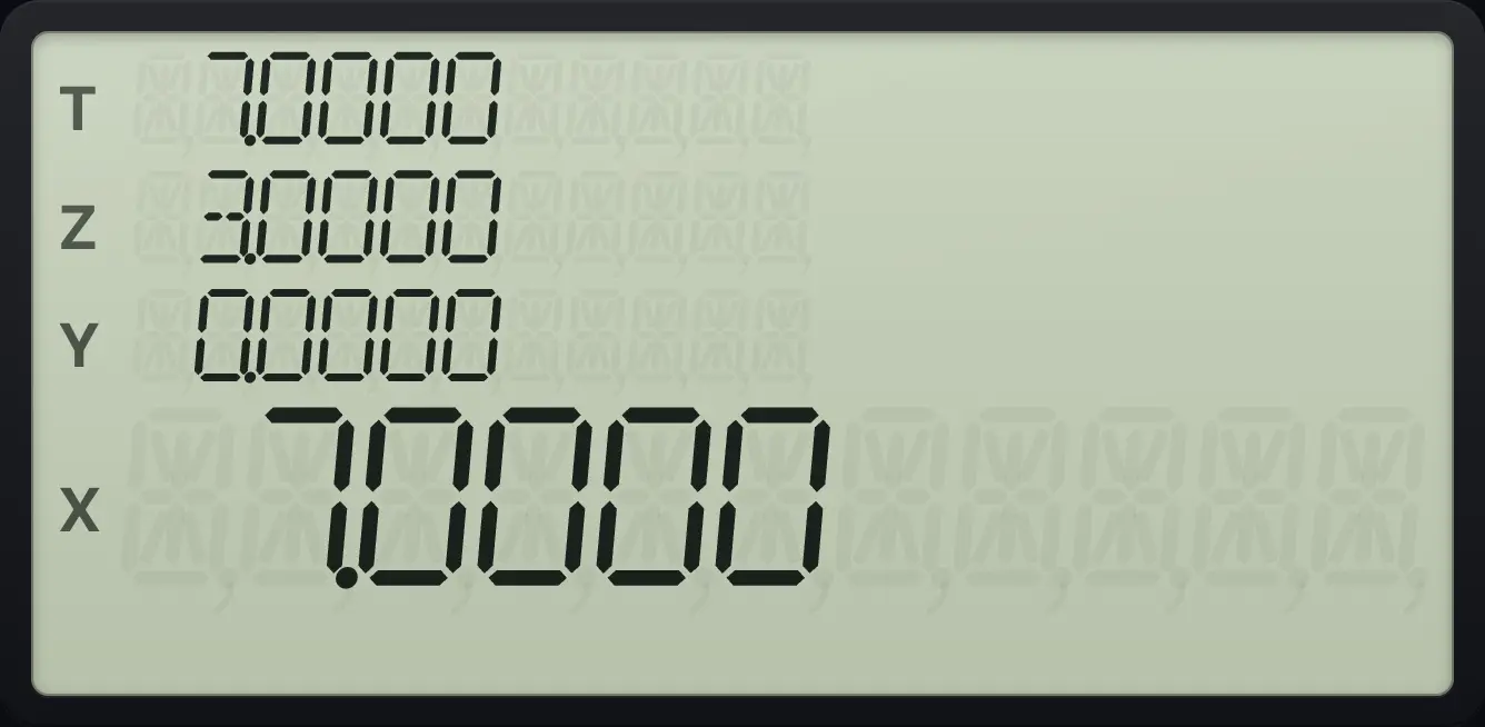 Result of the example "Loop through registers with (i)" The display shows:  7.0000 /  3.0000 /  0.0000 /  7.0000.