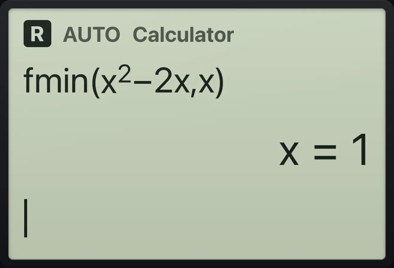 Result of the example "Minimum" The display shows: fmin(x^2−2x,x) / x=1.