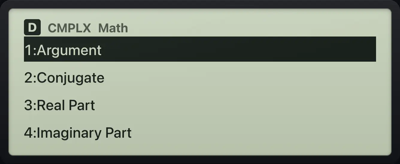 The Complex OPTN menu The display shows: 1:Argument / 2:Conjugate / 3:Real Part / 4:Imaginary Part.