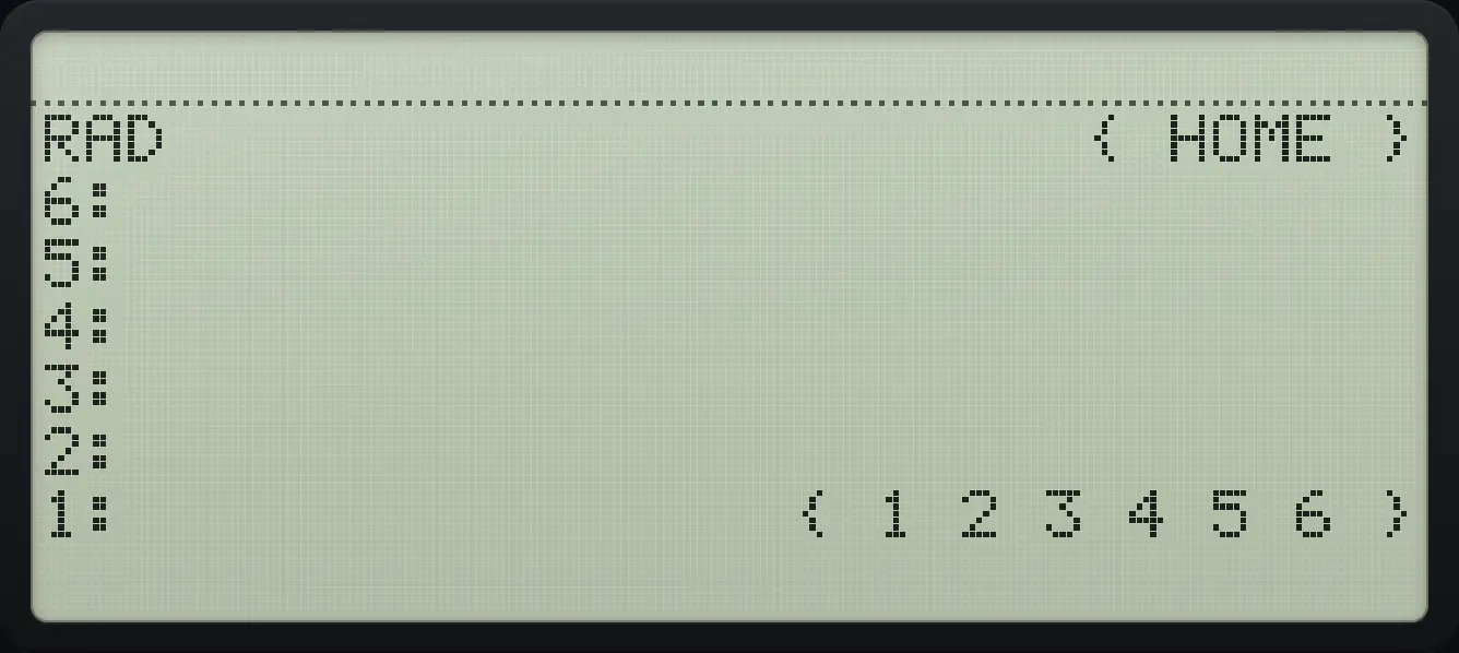 Result of the example "Join two lists" The display shows: RAD                      { HOME } / 6: / 5: / 4: / 3: / 2: / 1:                { 1 2 3 4 5 6 }.