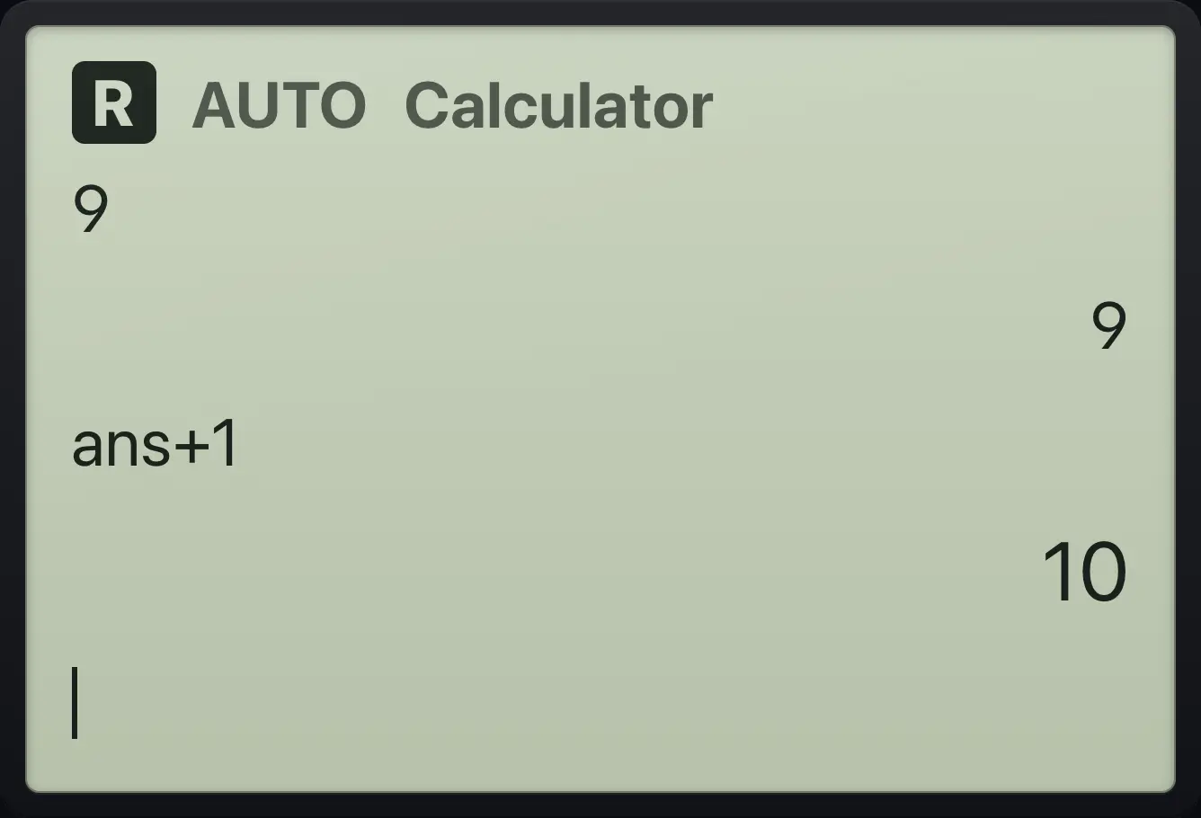 Result of the example "Place ans inside an expression" The display shows: 9 / 9 / ans+1 / 10.