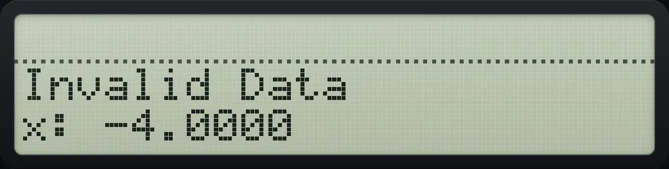 Result of the example "Real results only: square root of a negative number" The display shows: Invalid Data / x: -4.0000.