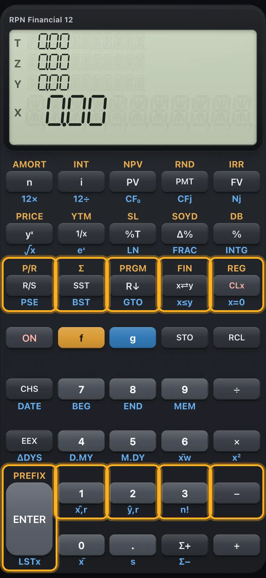 The third row: run, stack and clear keys. The display shows: 0.00 / 0.00 / 0.00 / 0.00.