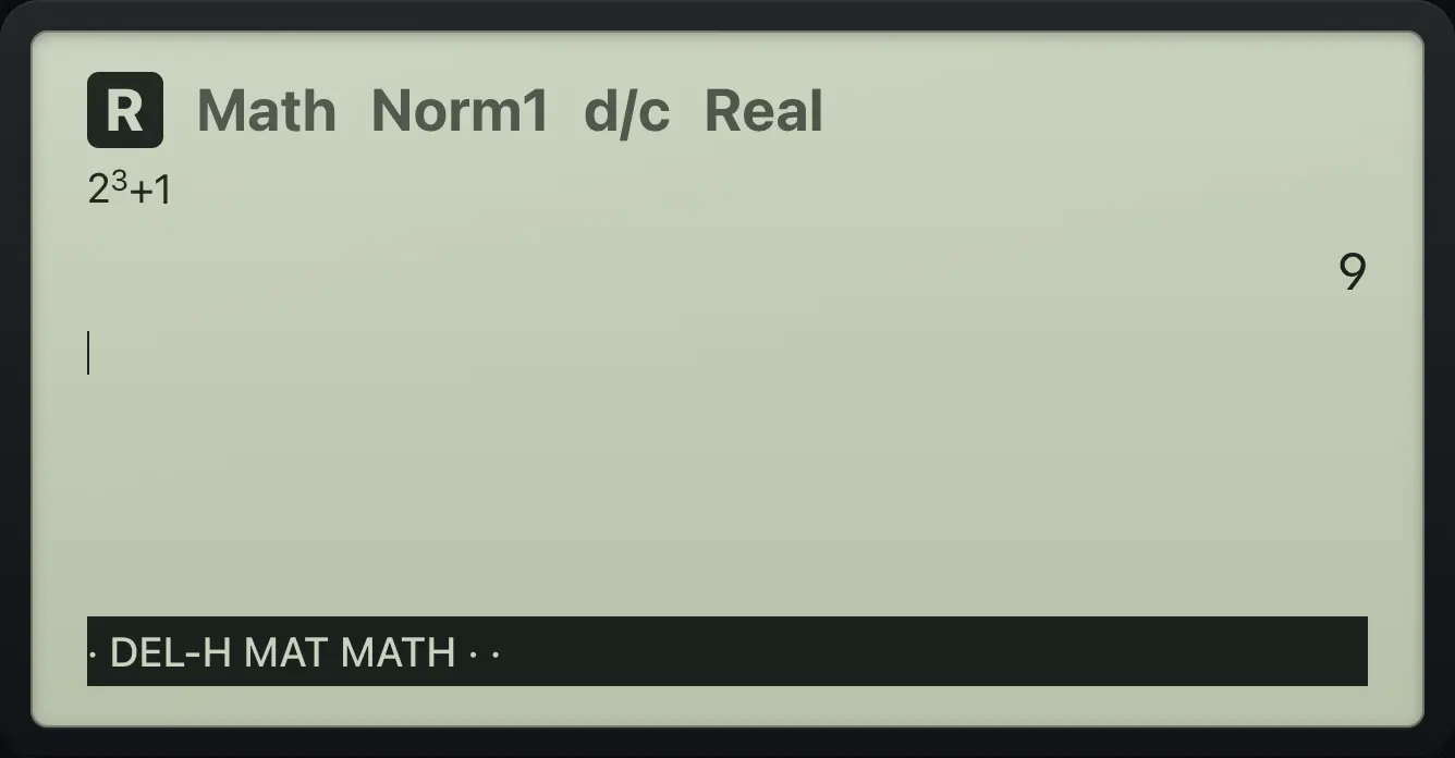 Result of the example "Step out of an exponent" The display shows: 2^3+1 / 9 / · DEL-H MAT MATH · ·.