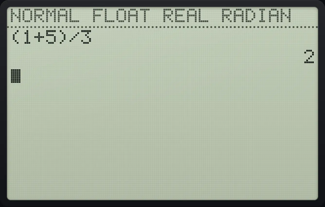 Result of the example "Divide a sum" The display shows: (1+5)/3 / 2.